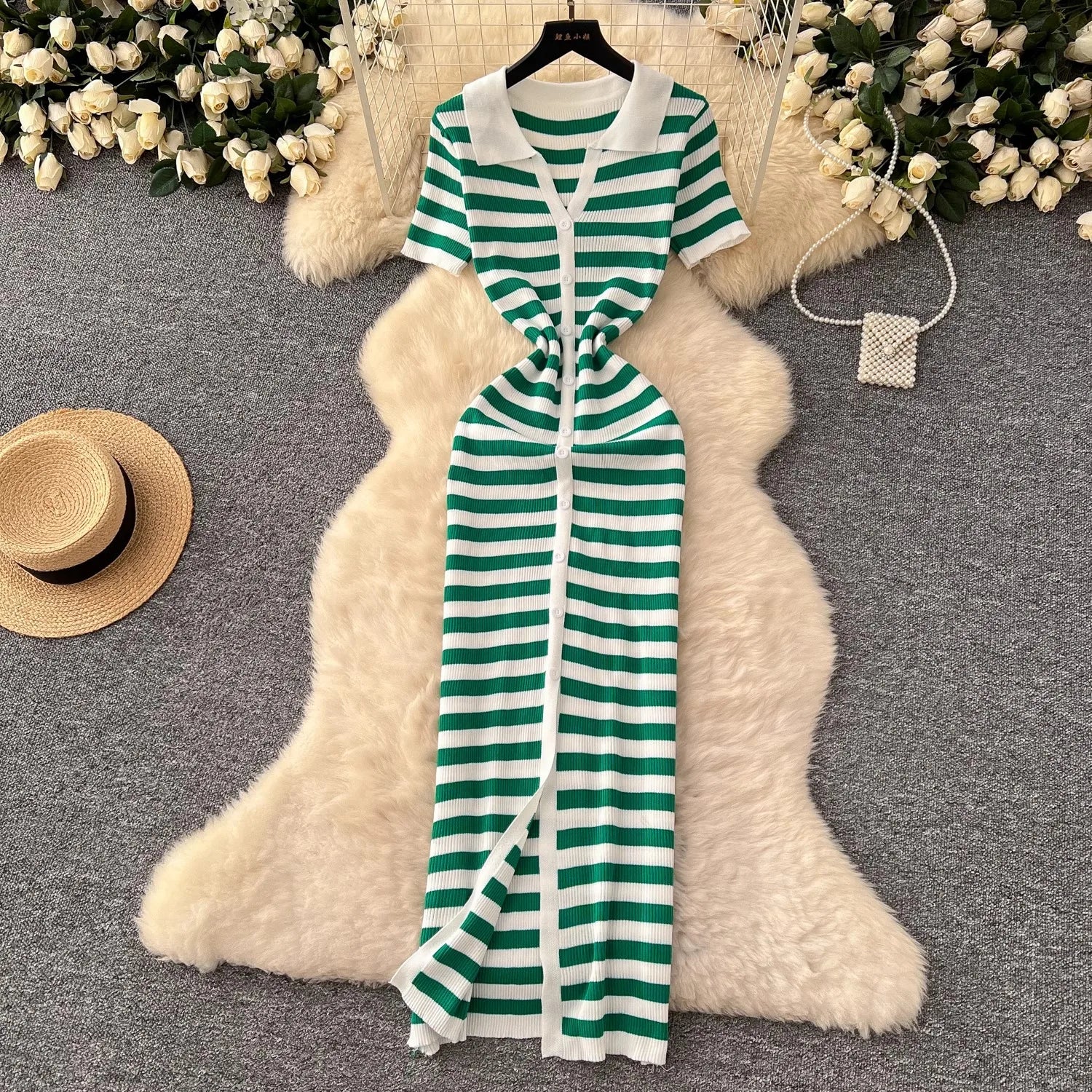 YuooMuoo Chic Fashion Sexy Wrap Hips Knitted Maxi Dress 2026 Summer Women Single-breasted Stripes Sweater Dress Streetwear Robes
