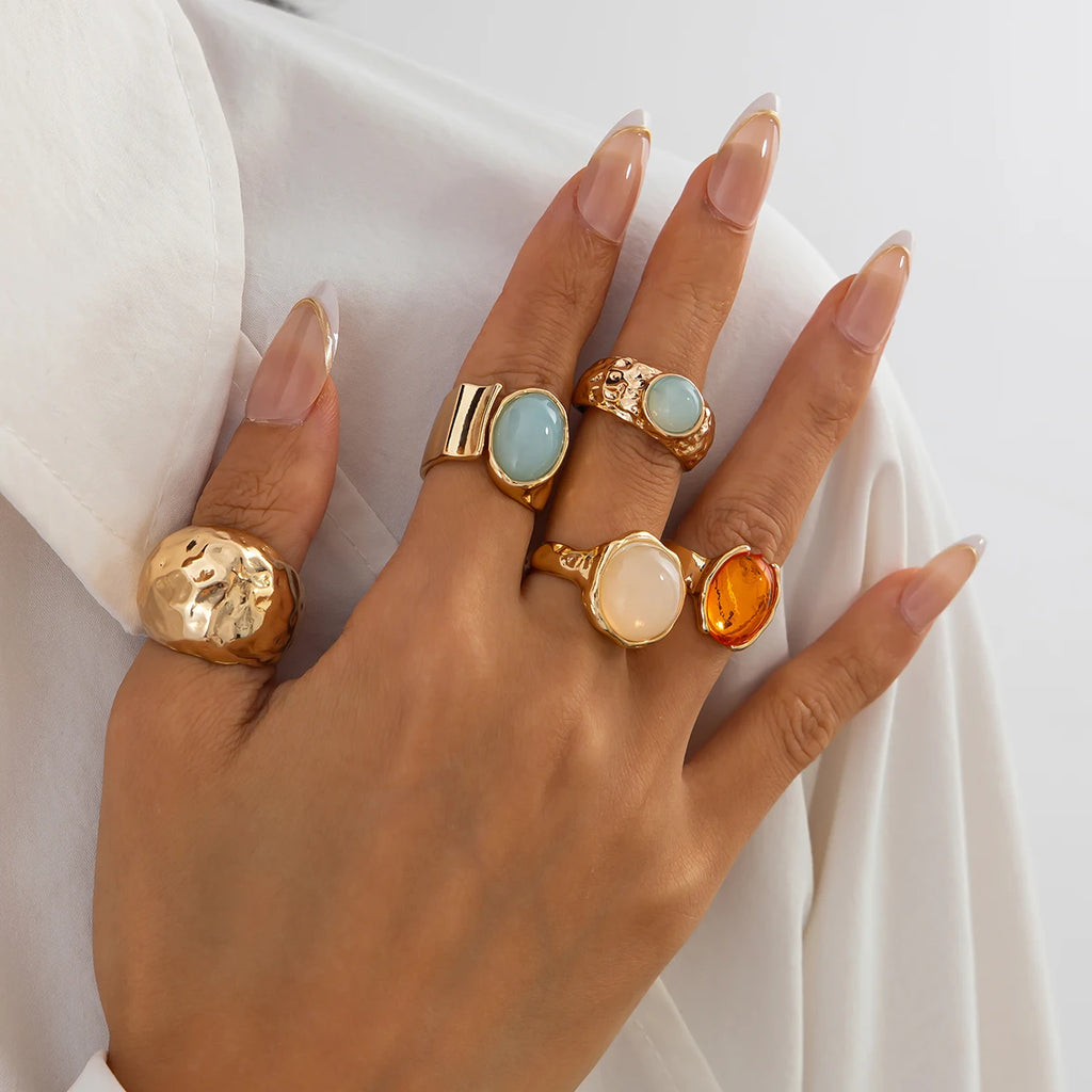 Ingemark 5Pcs/Set Retro Gold Color Irregular Metal Ring for Women Bohemian Open Adjustable Wide Ring Aesthetic Y2K Jewelry Gift