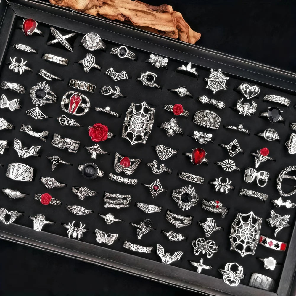 10/20/30/50/100Pieces Vintage Punk Skull Eye Rings Set For Women Men Mix Style Hip Hop Finger Ring Jewelry Party Gift