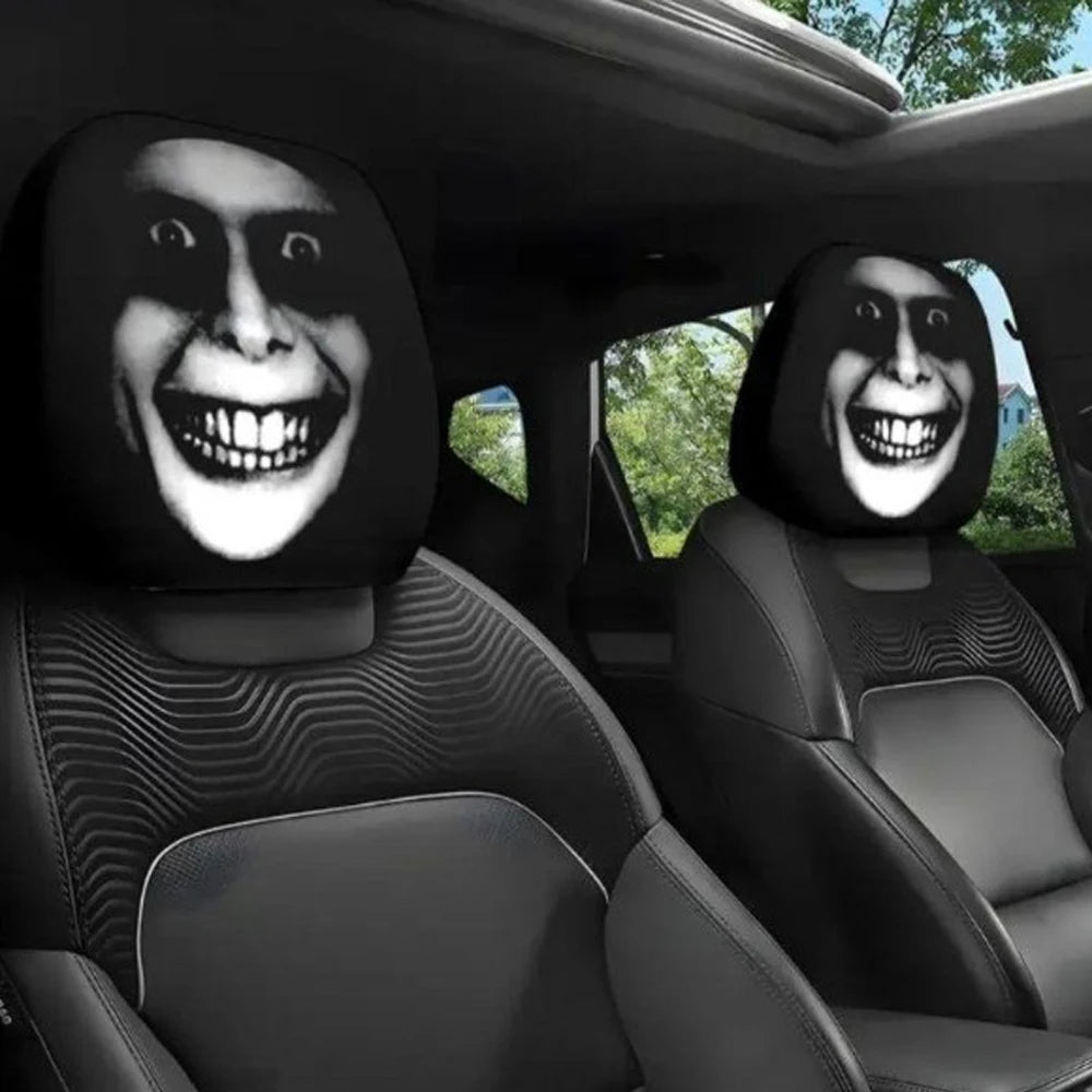 2PCS Funny Slanted Eyes Cartoon Print Car Headrest Cover for Halloween Christmas Holiday Automobile Interior Decoration