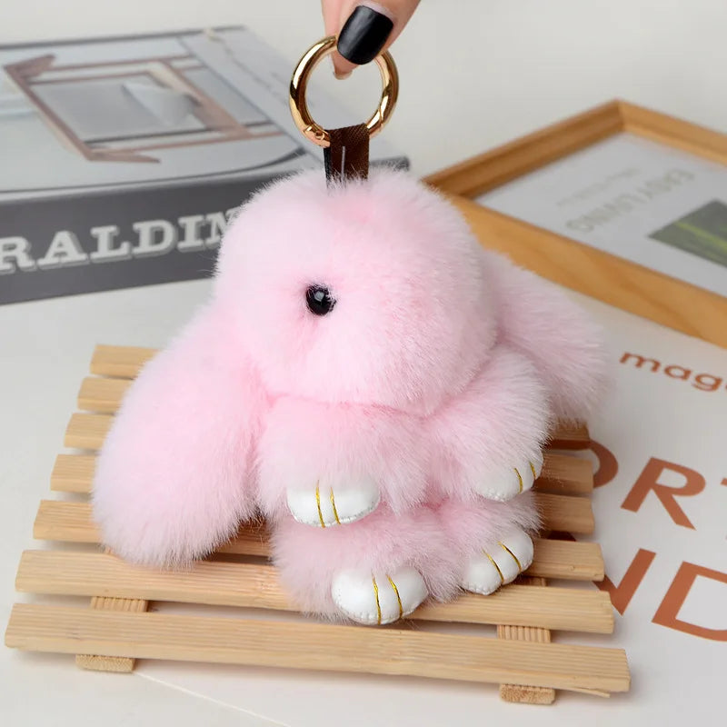 Cute Pluff Bunny Keychain Women Fur Pom Pom Angel Rabbit Key Ring Hare Plush Dolls Toy Girls Bag Car Key Pendant Kids Xmas Gift
