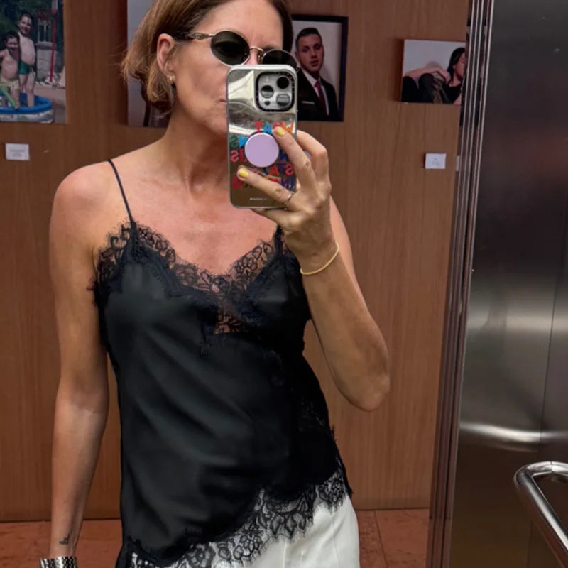 HXAO Women's Cropped Lace Top Slip Backless Sexy Blue Top Women Sleeveless Camisole Party Tops Asymmetric Black Yellow Top