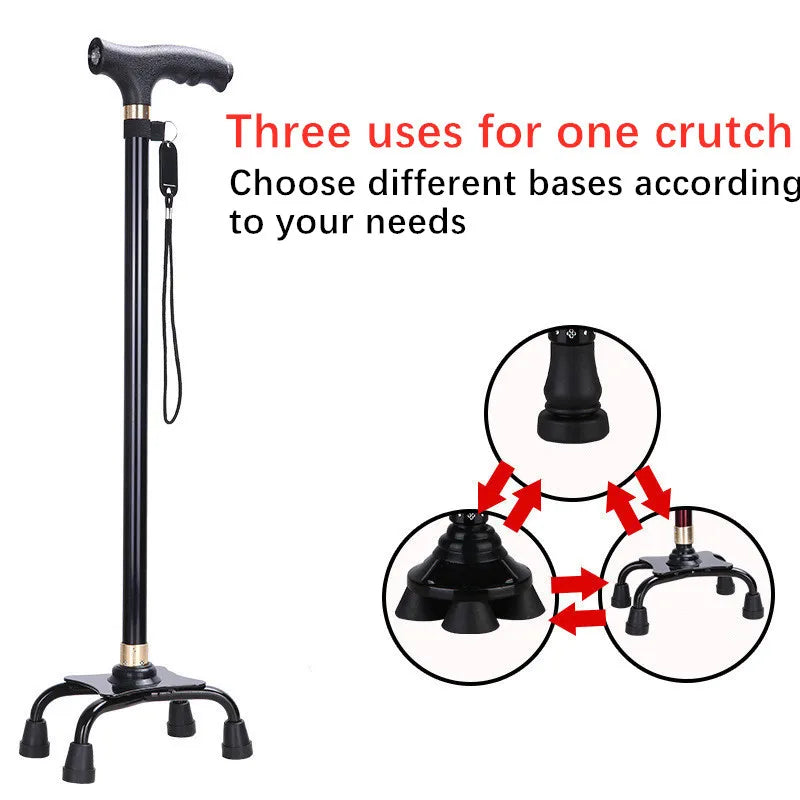LED Light Non-Slip Elderly Walking Sticks Aluminum Alloy Multifunctional Crutch with Big Four Feet for Old Men