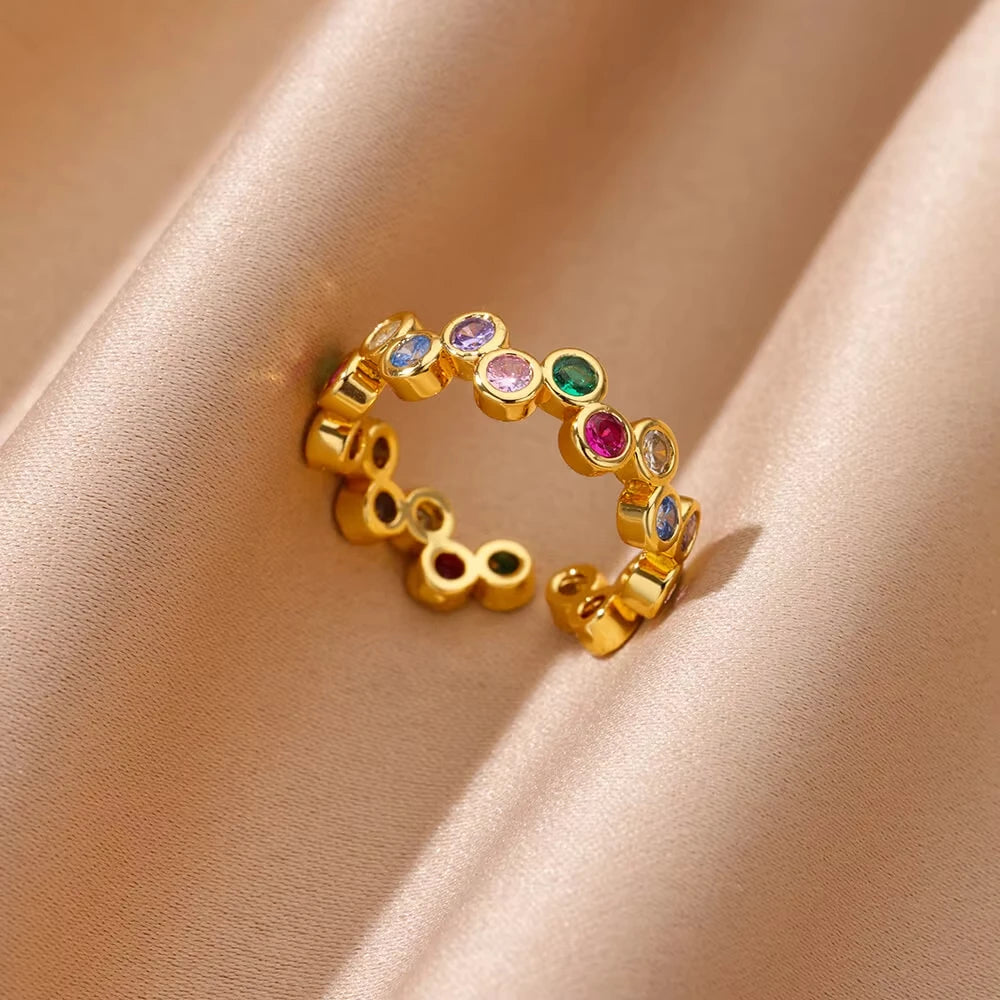 Colorful Cubic Zircon Ring for Women Stainless Steel Gold Color Open Ring Vintage Boho Wedding Party Jewelry Gift Accessories