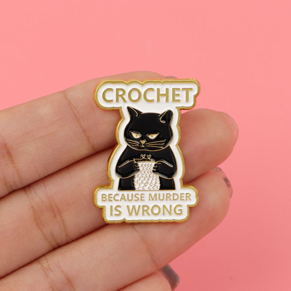 Cartoon Black Cat Crochet Enamel Pin Animal Badges on Backpack Brooches for Women Metal Lapel Pins Cosplay Accessories Toys Gift