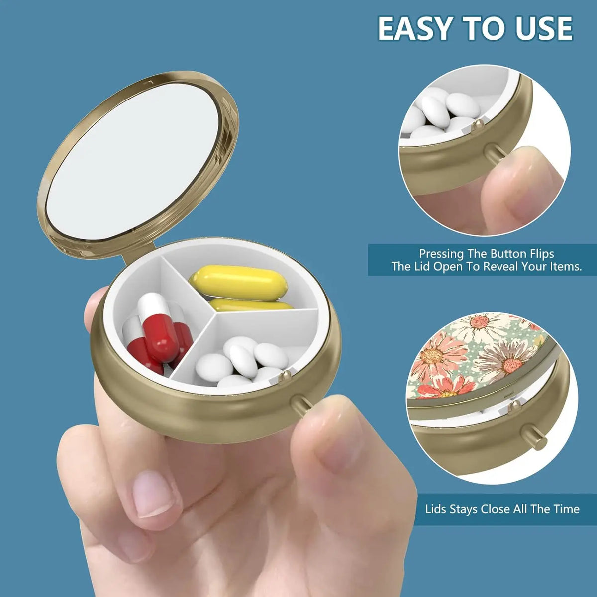 1/2 Pill Case Pill Box with Mirror Retro Small Pill Case for Purse or Pocket Bronze Pill Box or Vitamins, Fish Oil, Supplements,