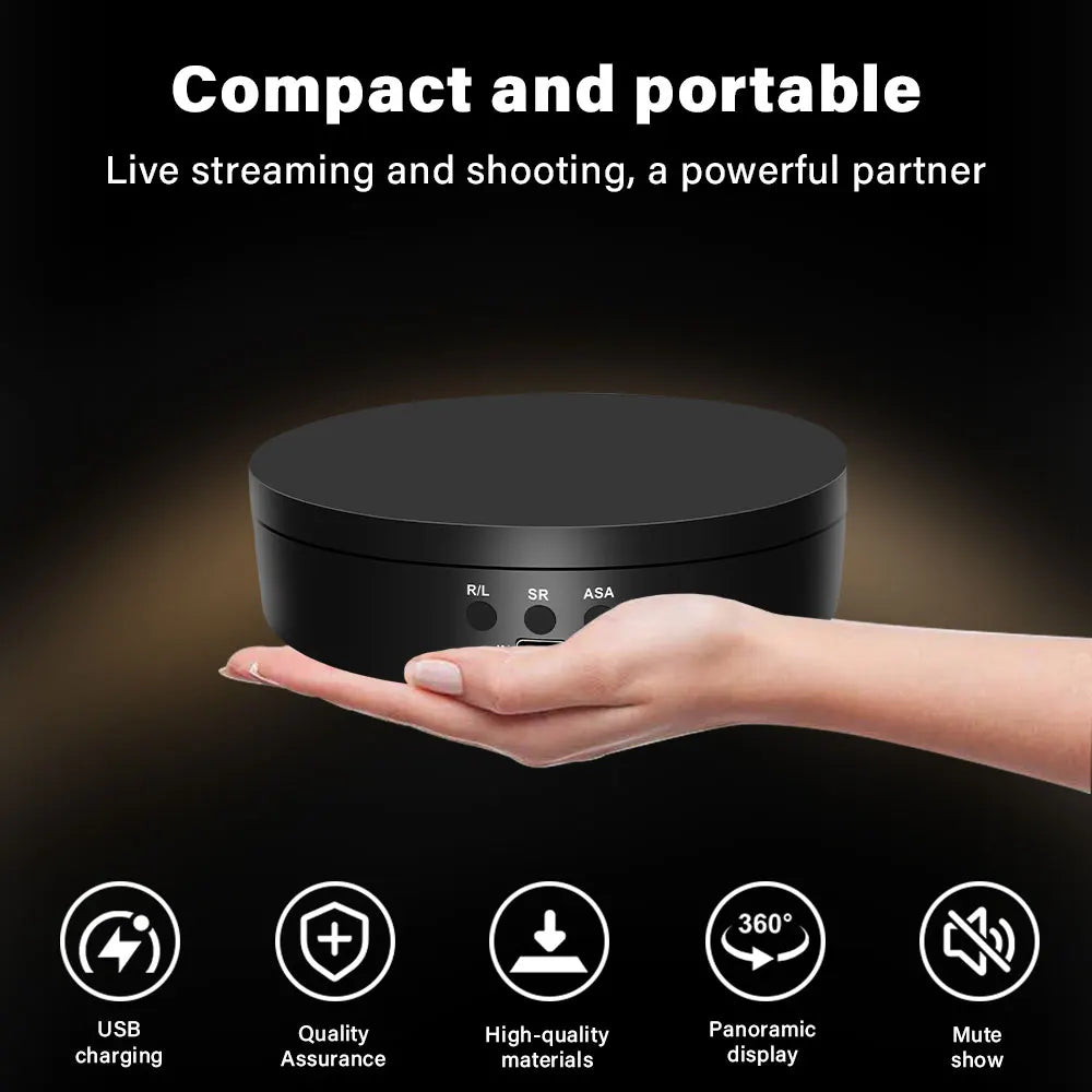 360-degree turntable,electric rotating mirror display stand,USB/battery dual power supply,rotating shooting,three-speed settings