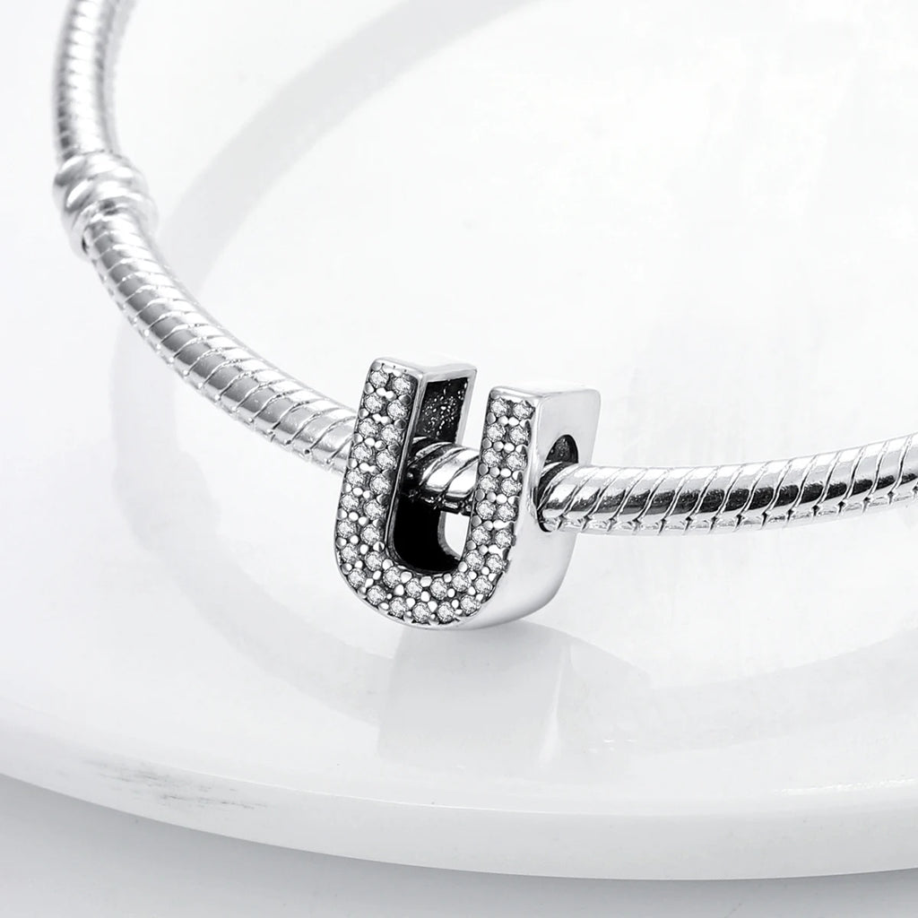 Original 925 Sterling Silver 26 Alphabet Letters Sparkling Zircon Charms Pendant Beads For Women Fine DIY Birthday Jewelry Gifts