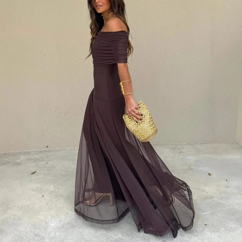 Vintage Solid Color Commuting Dress Fashion Women Off Shoulder Mesh Long Dress Sexy Hollow Out Summer Street Casual Party Dress