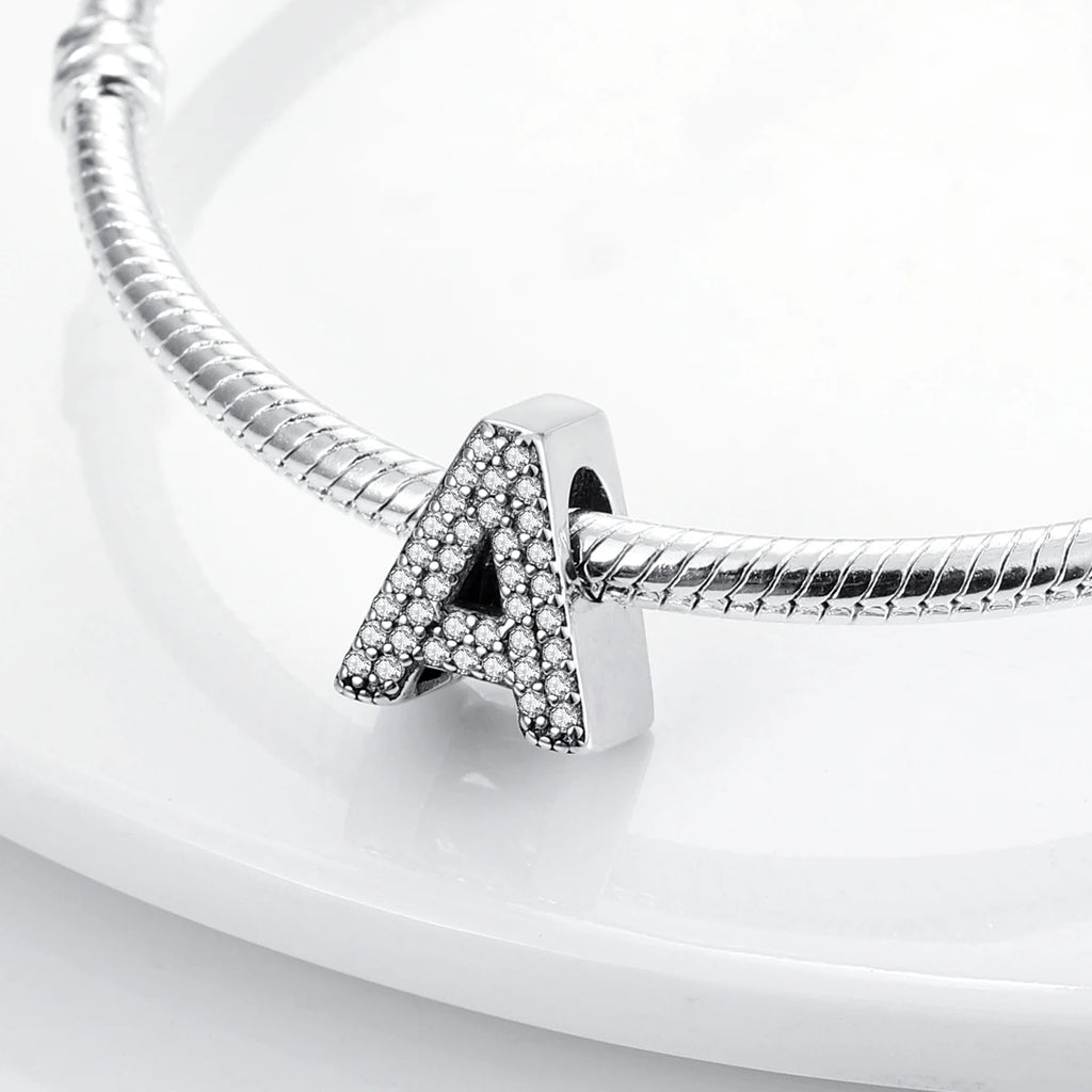 Original 925 Sterling Silver 26 Alphabet Letters Sparkling Zircon Charms Pendant Beads For Women Fine DIY Birthday Jewelry Gifts