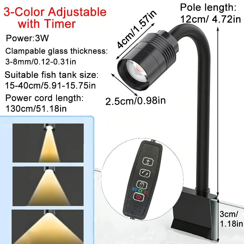 USB 3W South American Aquarium Spotlight 3-Color Dimmable Cycle Timer Zoomable LED Fish Tank Lamp for Aquascape Decor  Lighting