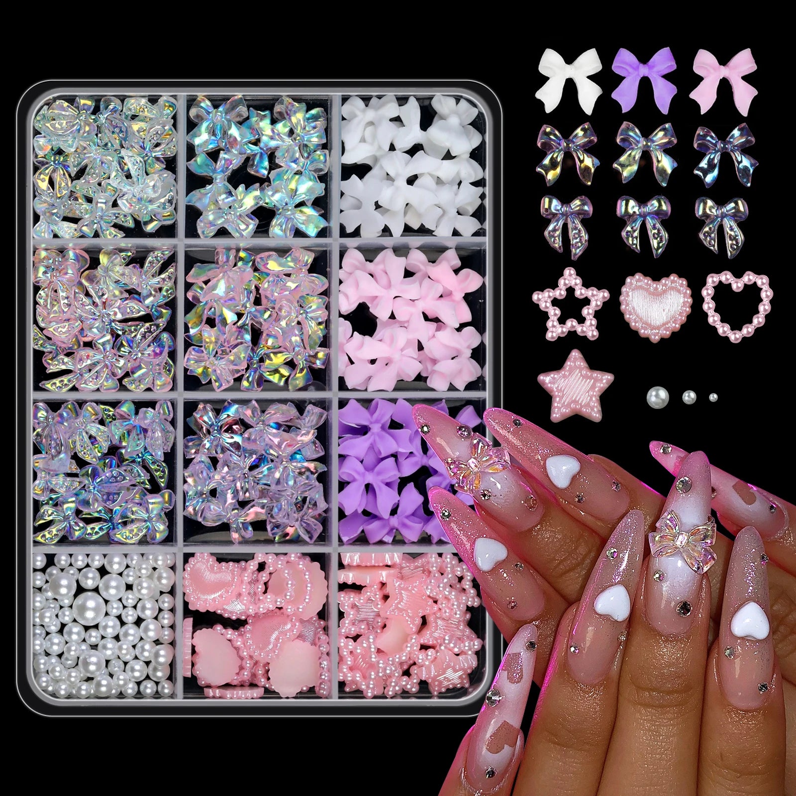 12 Grid Mixed 3D Color Resin Bow Pearl Heart Flat Back Diamond Nail Art Decoration Suitable for Acrylic Nails DIY Nail Art