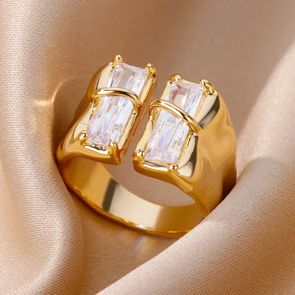 Colorful Cubic Zircon Ring for Women Stainless Steel Gold Color Open Ring Vintage Boho Wedding Party Jewelry Gift Accessories