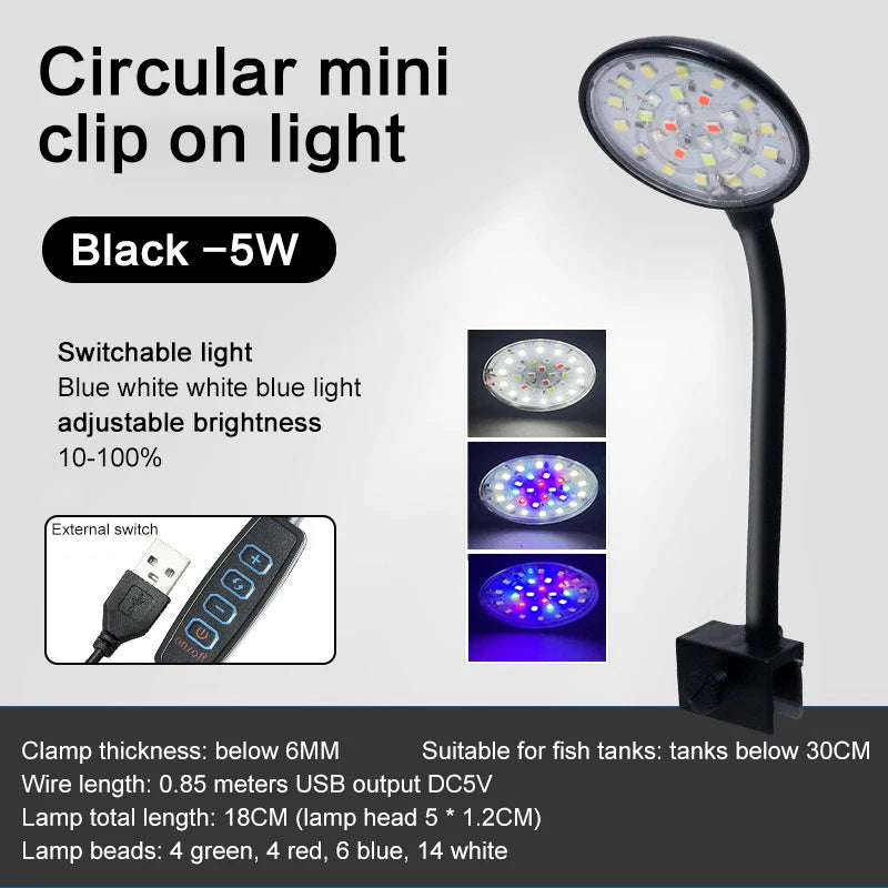 USB Aquarium LED Lamp Fish Tank Light Decor Aquatic Plant Multiple Modes Dimmable Lightness Full Spectrum Mini Clip Light 5V