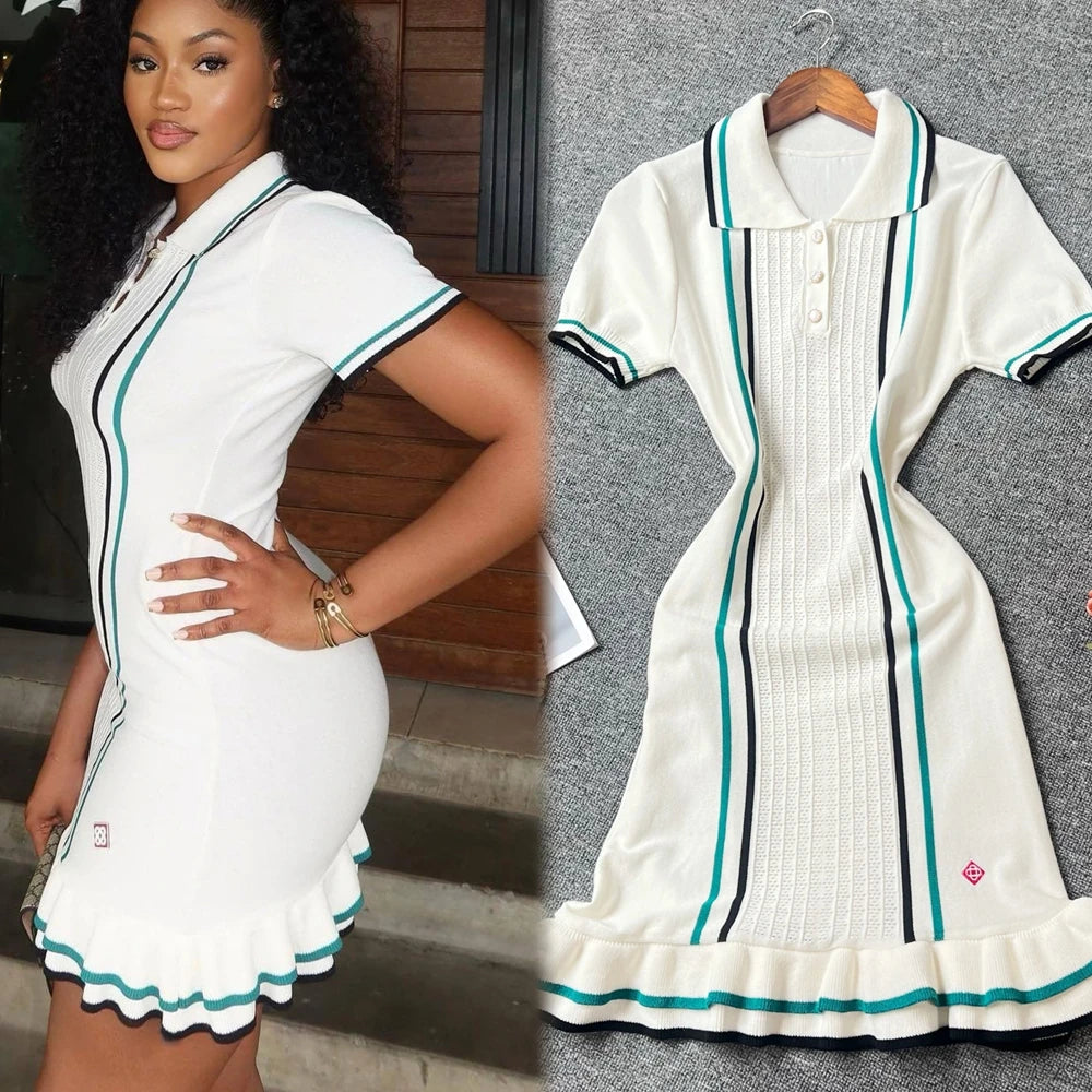 YuooMuoo Women Dress 2025 Summer Vintage Turn-down Collar Knitted Mini Dress Lady Slim Elastic Ruffled Bodycon Party Dress Robes
