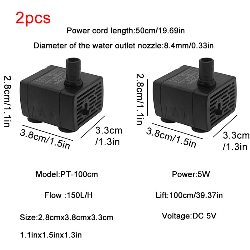 Ultra Quiet USB Aquarium Fish Tank Filtration Pump Mini Pet Fountain Submersible Adjustable Flow Water Circulation Pump 5V 5W