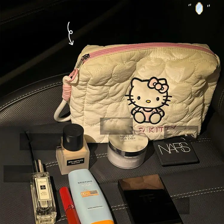 Kitty Large Capacity Makeup Bag Waterproof Travel Toiletry Organizer Cute Cartoon Cosmetic Case with Double Zipper for Girls