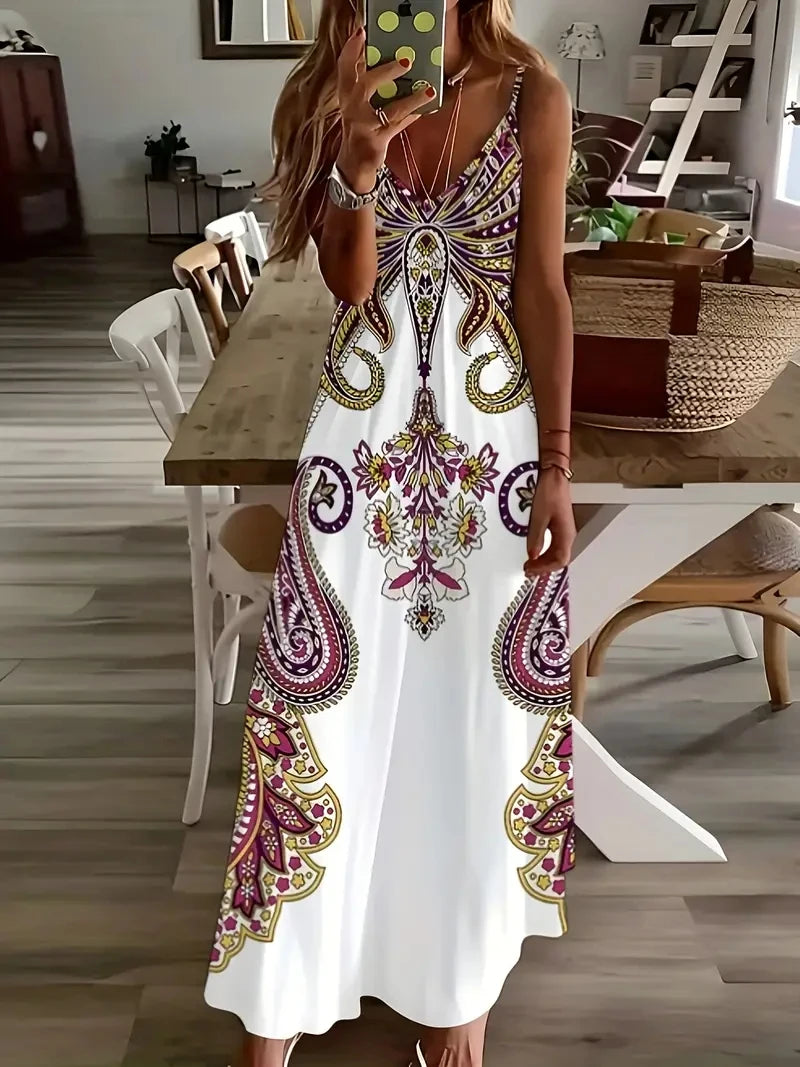 2024 Cross border New Flower Printed V-neck Strap Dress with Exotic Bohemian Vacation Style Elegant Long Style