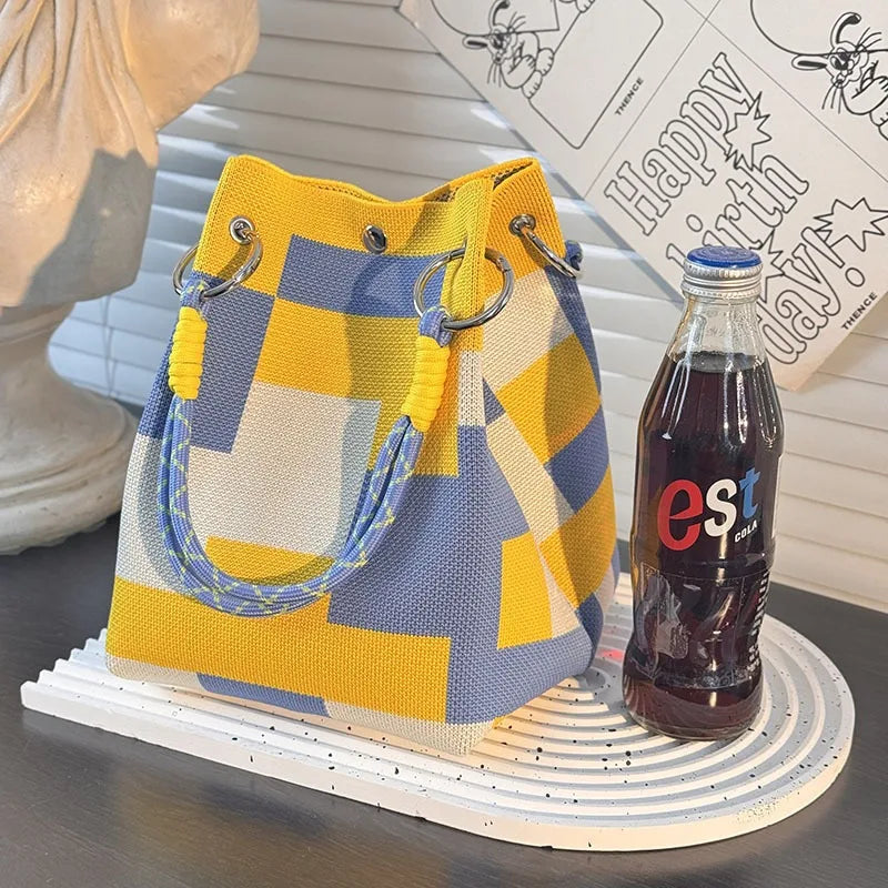 Color Block Handbag Lightweight Metal Ring Handbag Knit Tote Bag Spacious Polyester Storage Bag For Shopping Casual Travel