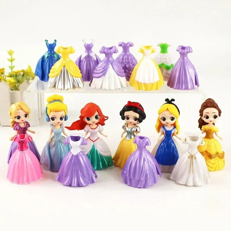 24pcs Princess Cinderella Belle Alice Snow White Ariel Rapunzel Pvc Action Figures Interchangeable Clothes Toys Dolls Gifts