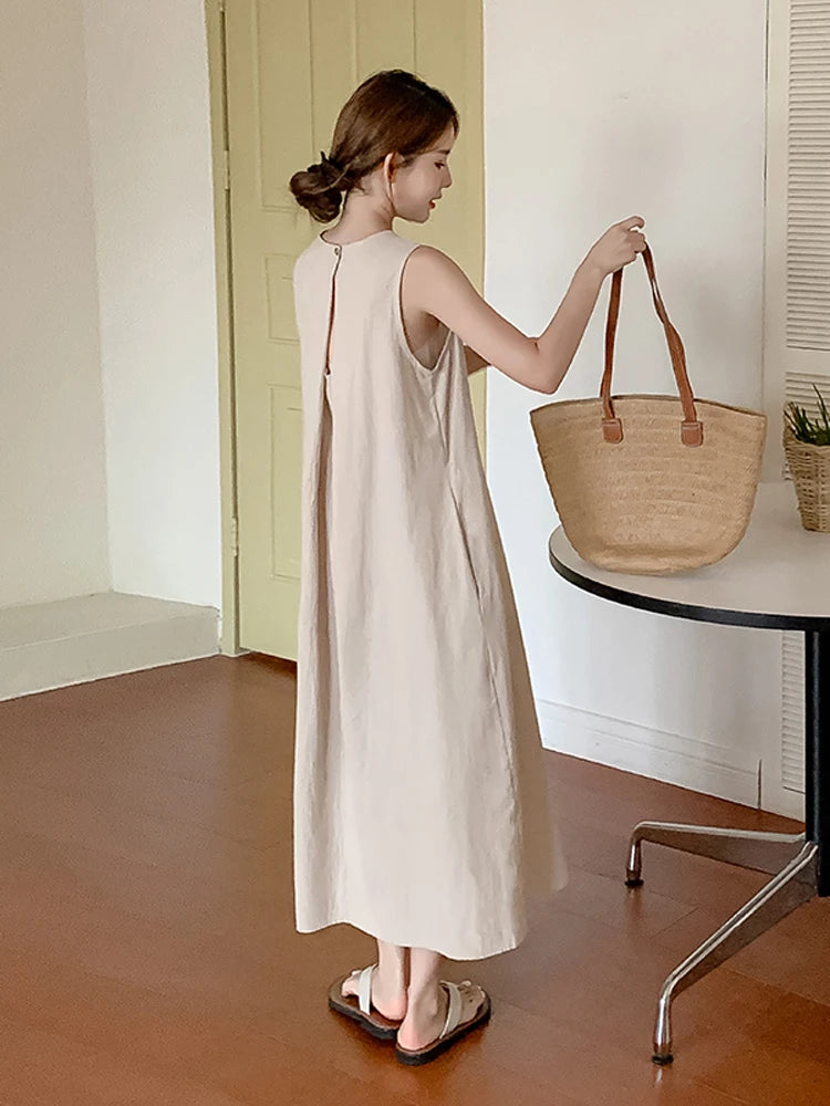 NYFS 2026 Summer New Korea Woman Dress Vestidos Robe Elbise Loose Plus Size Solid Sleeveless Backless Long Dress L-4XL