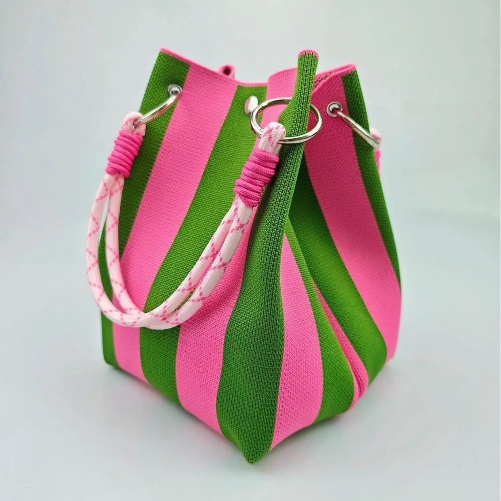 Color Block Handbag Lightweight Metal Ring Handbag Knit Tote Bag Spacious Polyester Storage Bag For Shopping Casual Travel