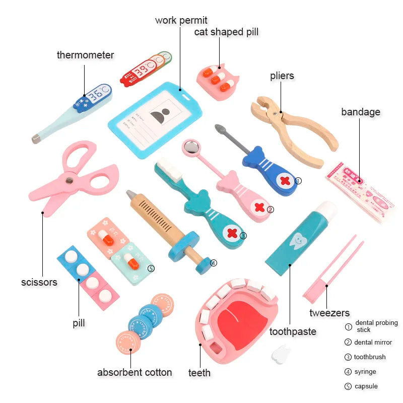 Wooden Pretend Play Doctor Educational Toys for Children Medical Simulation Medicine Chest Set for Kids Role Playing Pretend Toy