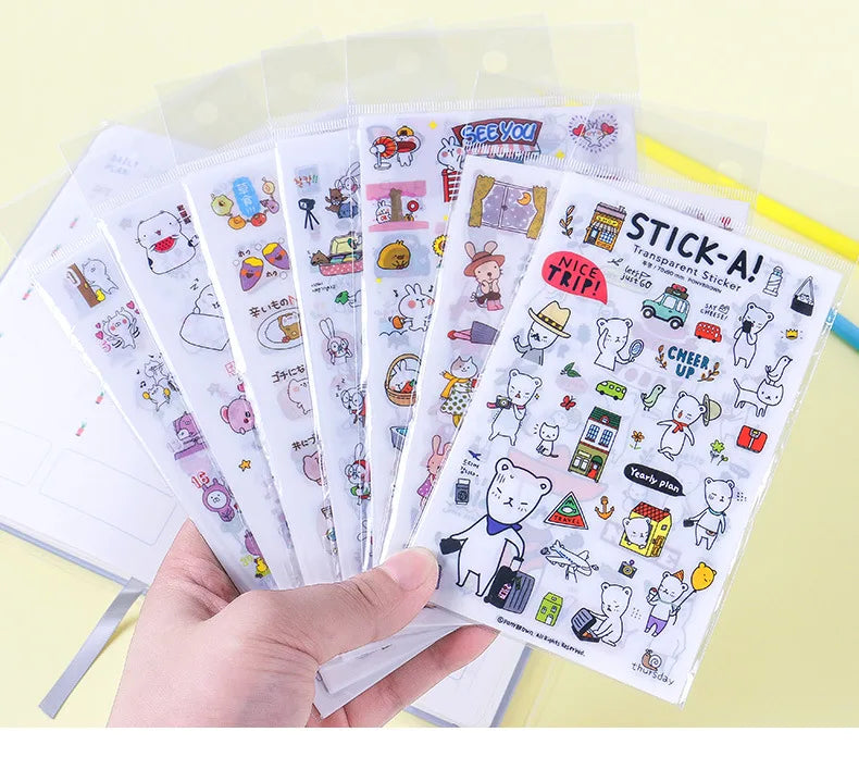 6Pcs/Lot Waterproof Cartoon Transparent Pvc Stickers DIY Hand Account Diary Decorative Stickers Kawaii Phone Cup Stickers
