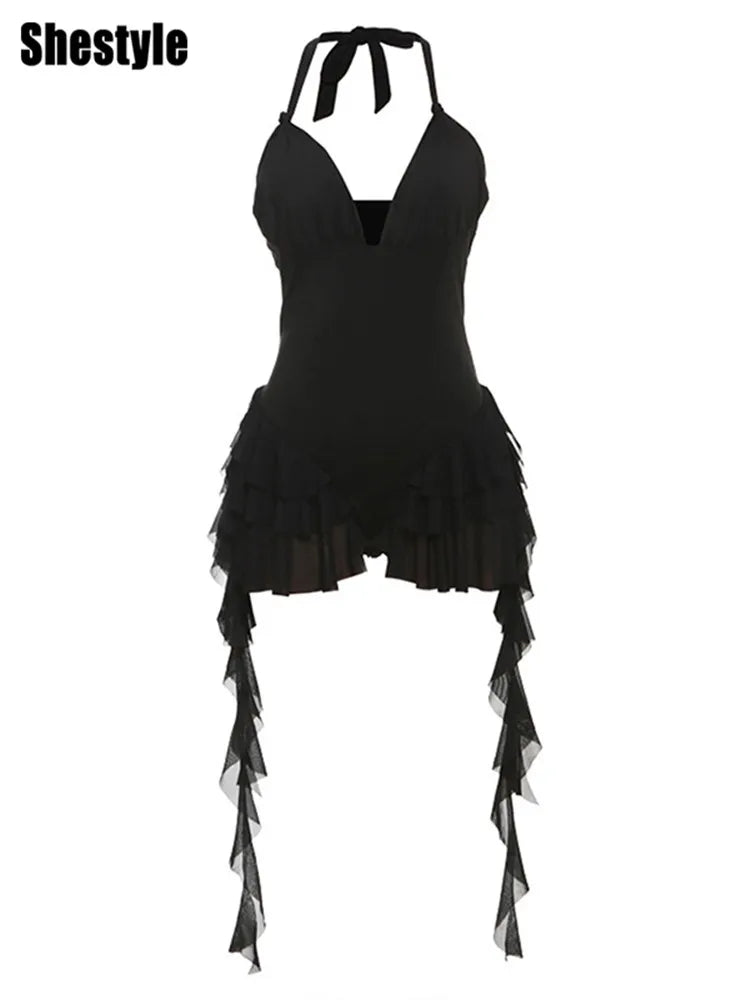 Shestyle Ruffles Women Summer Playsuit Black Deep V Neck Halter Backless Sleeveless Shorts Music Festival Solid Fashion Jumpsuit