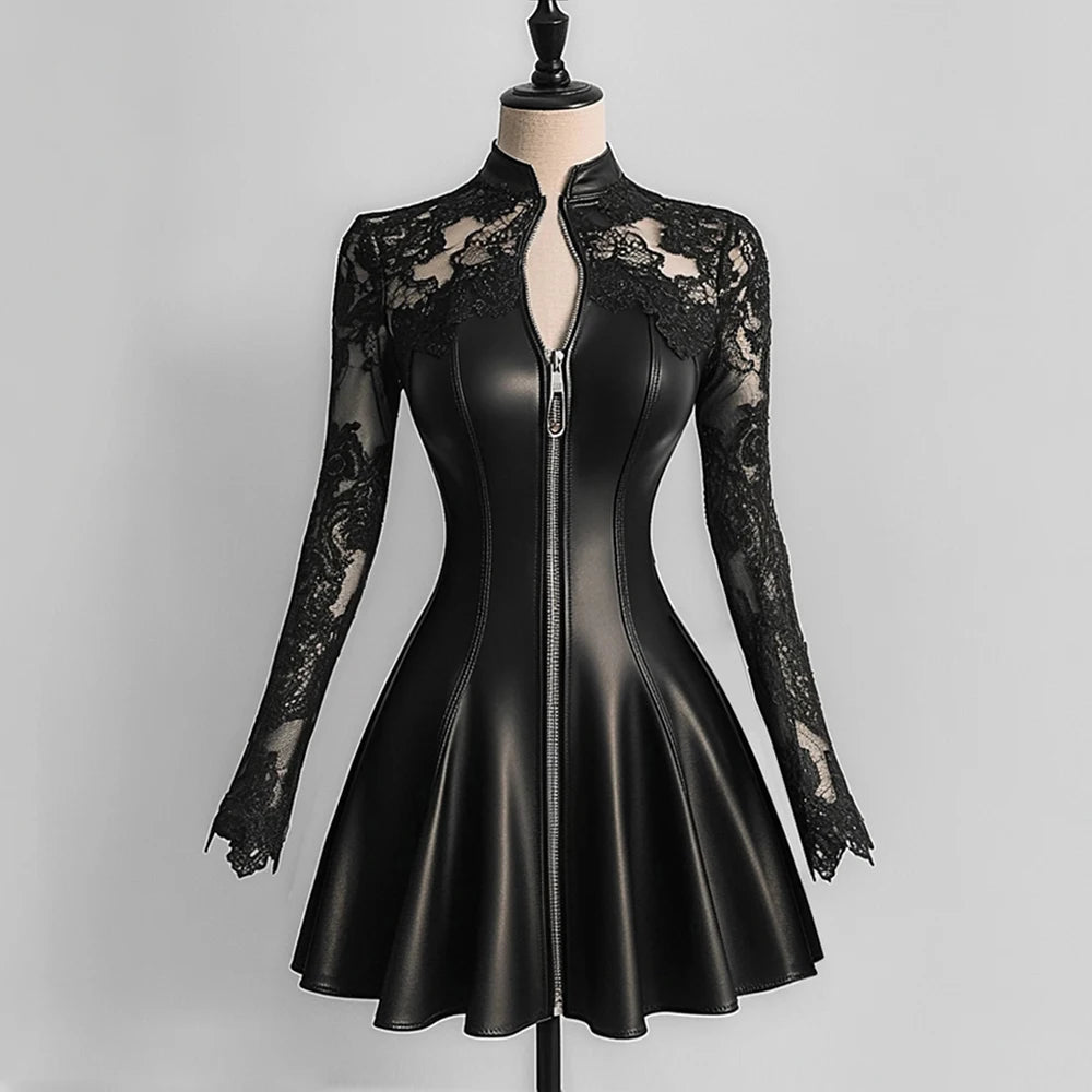 Women’s Elegant PU Leather Dress Black Lace Patchwork Mesh Long Sleeve Zipper Up Bodycon Dress A-Line Party Sexy Mini Dresses
