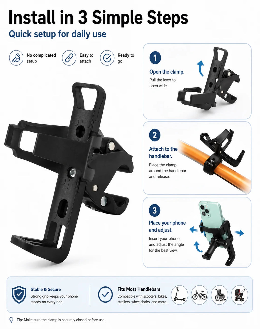 Universal Handlebar Phone Holder Adjustable Bike Scooter Stroller Wheelchair Mount Clamp Stand for 4.0-7.0 Inch Smartphones Uses