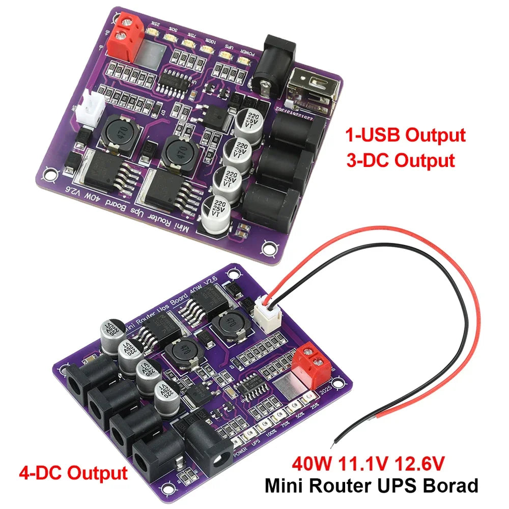 Mini Router UPS Uninterruptible Power Supply Board 40W 11.1V Battery Charging Board 4-Channel Power Module Output USB DC Port