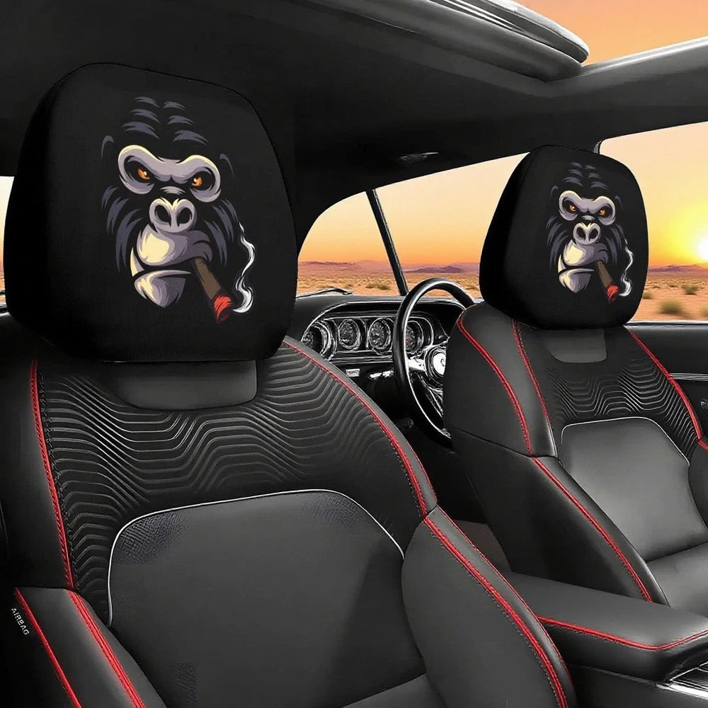 2PCS Funny Slanted Eyes Cartoon Print Car Headrest Cover for Halloween Christmas Holiday Automobile Interior Decoration
