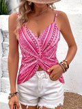 Women's sexy V-neck chain printed front twisted back camisole top, made of polyester fabric with spaghetti pattern