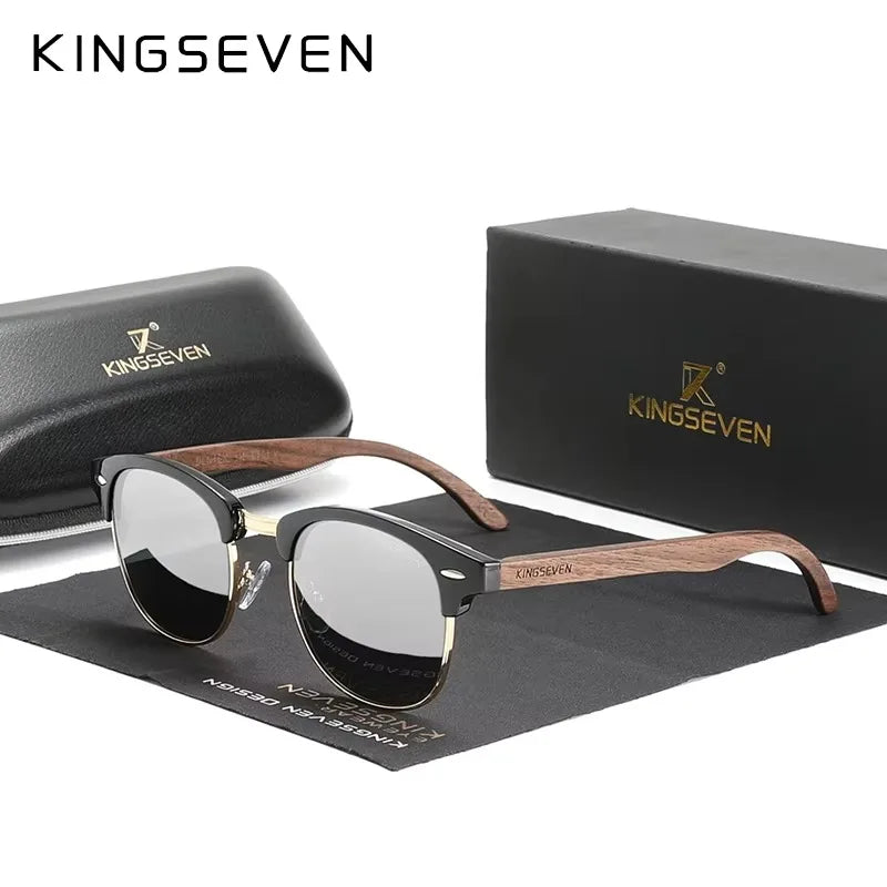 KINGSEVEN Brand Walnut Sunglasses Men Women Polarized UV400 Lens Wood Round Frame Glasses Vintage Retro Luxury Eyewear Patchwork