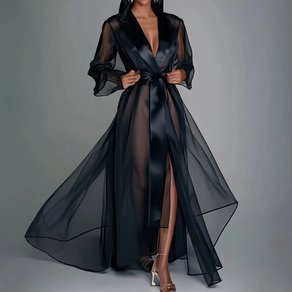 Organza See Through Long Sleeve Lace Up Robe Maxi Dress Summer Lapel Collar Fashion Bridal Robes Women's Gown Solid Party Dress