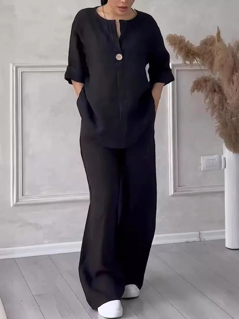 Cotton Linen Sets Two 2 Pieces Sale Casual Long Sleeve Button Loose Blouse Shirt&High Elastic Wide Leg Loose Pant Suits NMD-3021