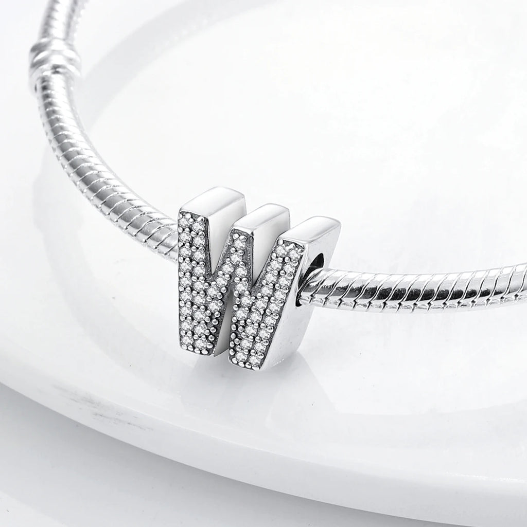 Original 925 Sterling Silver 26 Alphabet Letters Sparkling Zircon Charms Pendant Beads For Women Fine DIY Birthday Jewelry Gifts