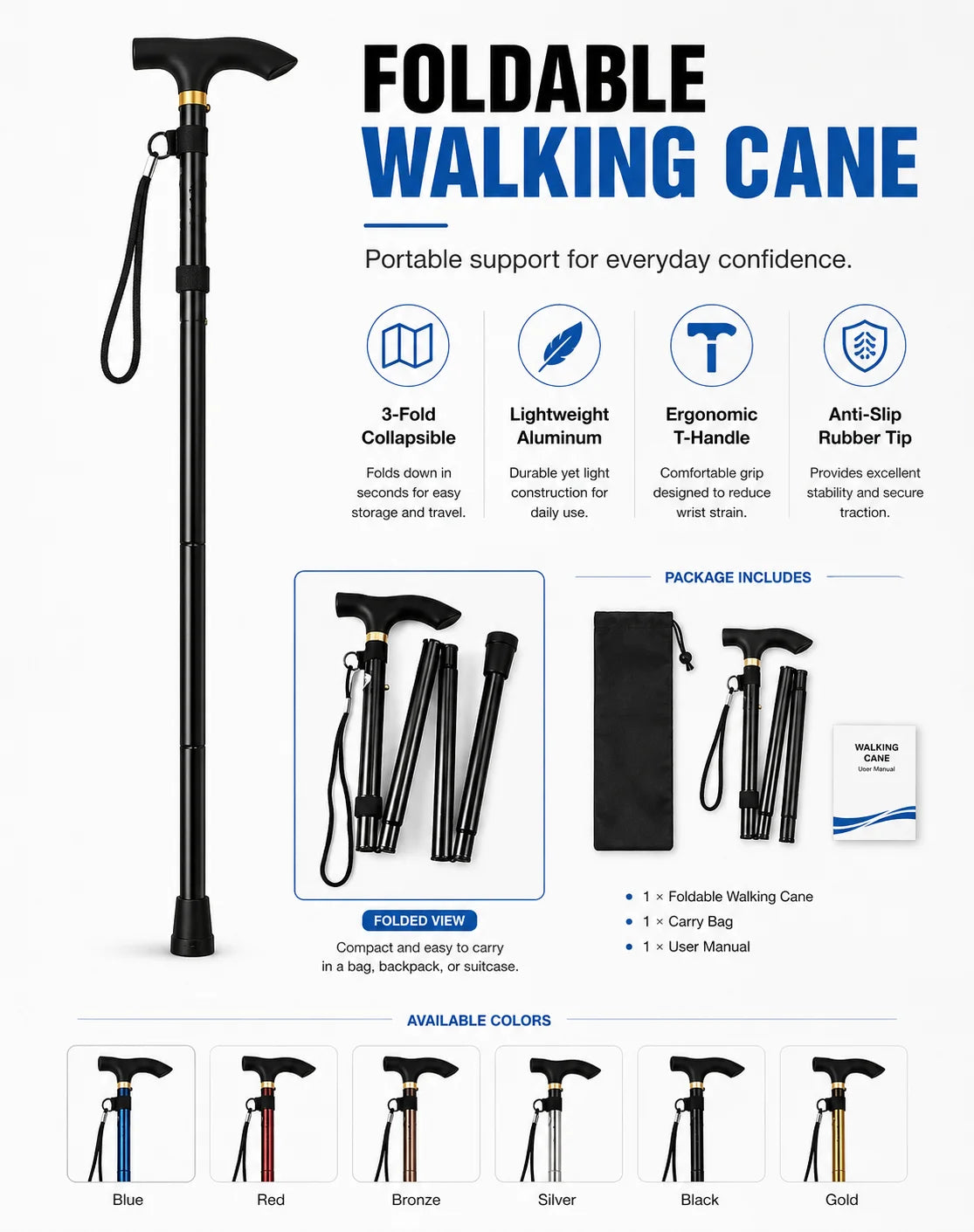 Foldable Walking Cane Adjustable Lightweight Aluminum Travel Cane T Handle Anti Slip Rubber Tip Portable Stick Senior Travel Aid