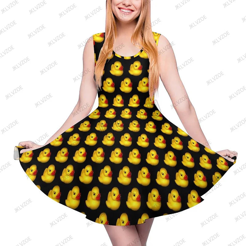 Summer New Fashion Yellow Classic Ducks Graphic Women Sleeveless Dress Kawaii Animal Aesthetic Dresses Female Kawaii Dress