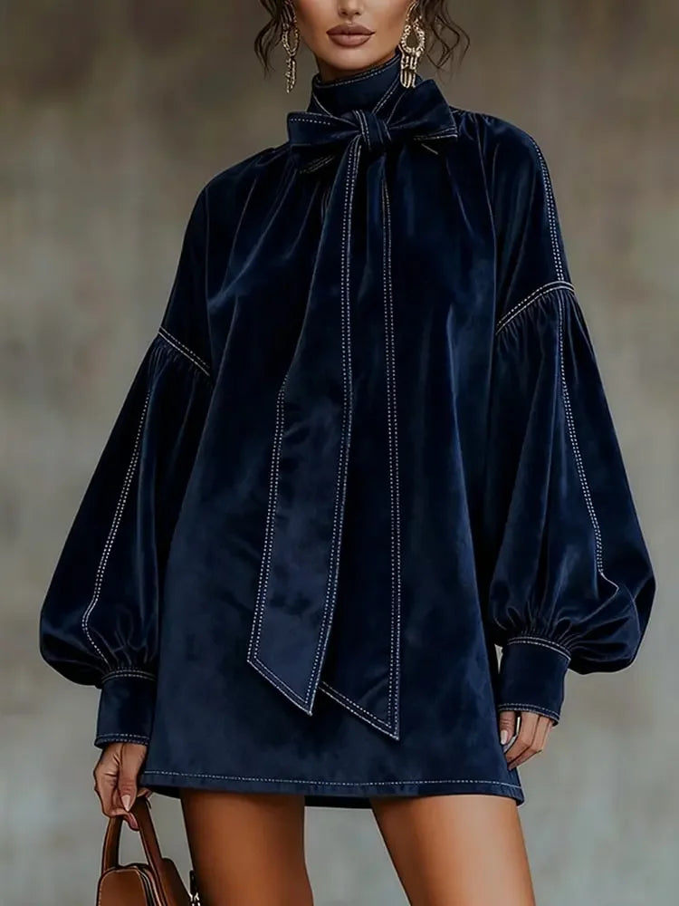 American Retro High Collar Lantern Sleeve Long Sleeve Bow Tie Elegant Velvet Women Mini Dresses Casual Autumn High Street Dress