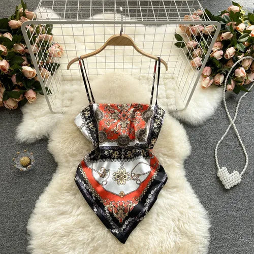 Women Sexy Backless asymmetrical lace-up Camis Print Tank Top Chic One-piece Corset Bustier Summer Beach vacation Crop Top