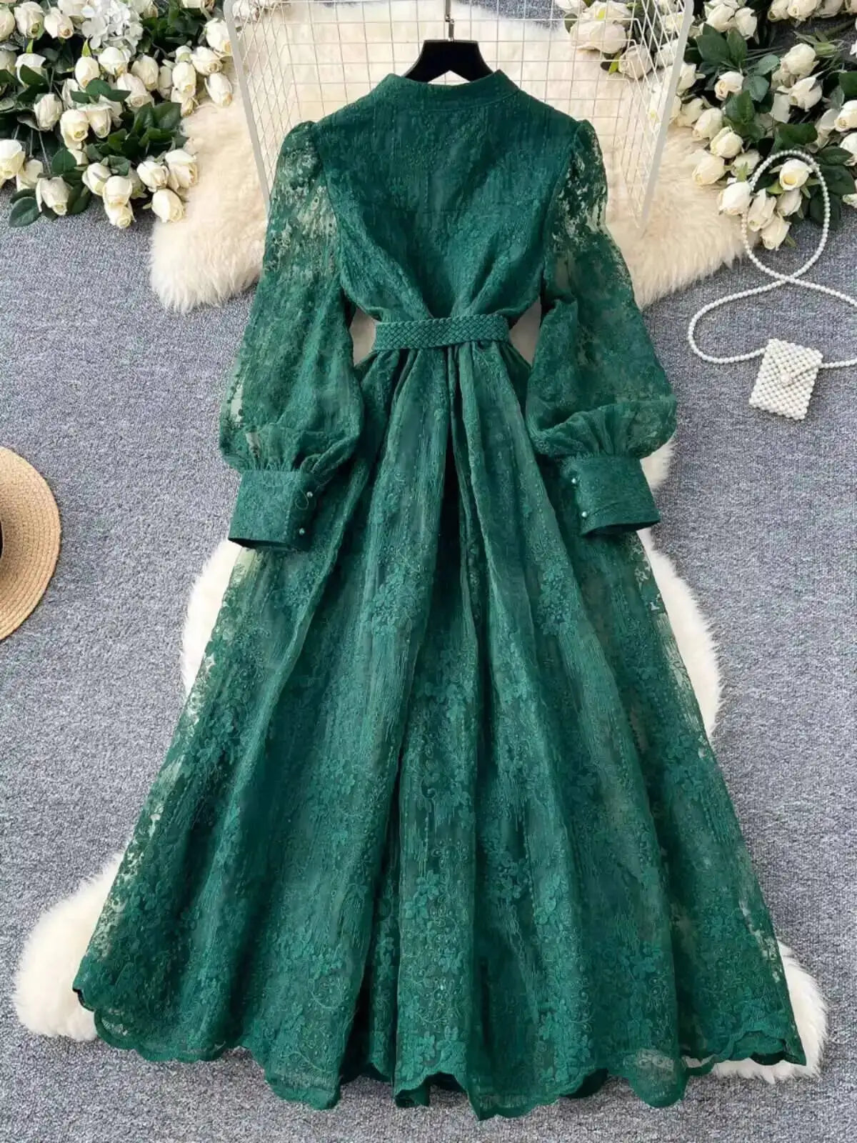 Luxury Embroidery Formal Dresses Women Summer Autumn Lantern Long Sleeve Lace Vestidos Pearl Prom Evening Birthday Dress Party
