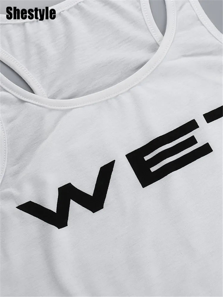 Shestyle Transparent White Crop Top Women 2024 Autumn Sleeveless Wet Letter Print Super Stars Same Style Tank Theatrical Costume