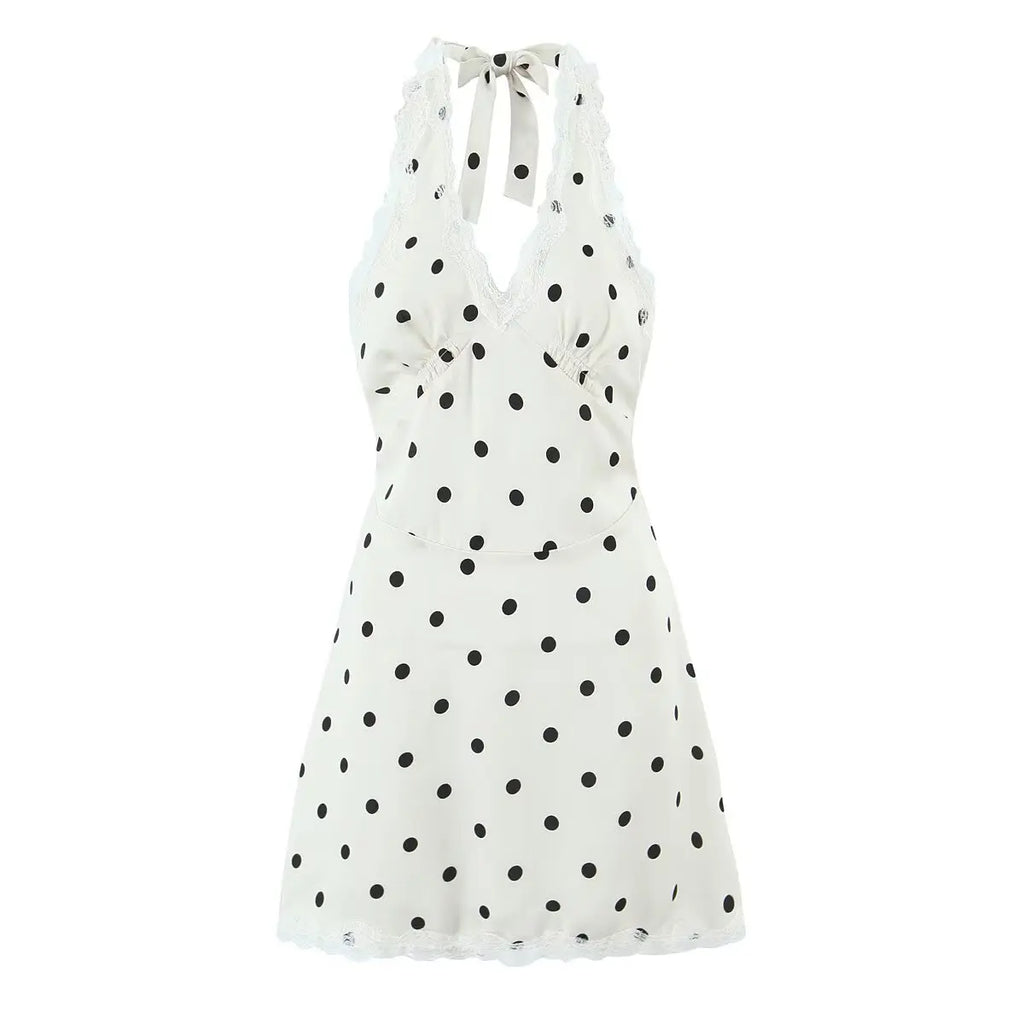 YENKYE Lace Spliced Polka Dot Halter Dress Women Elegant A-line Mini Sexy Backless Dresses Summer Robe 2025