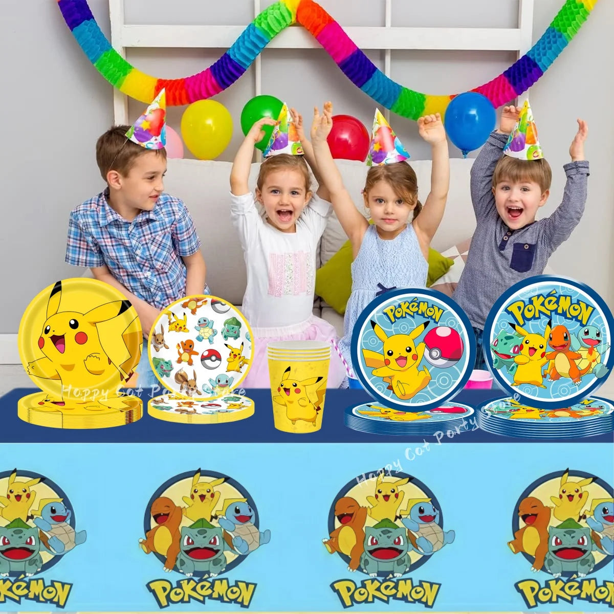 Decoration Pokemon Birthday Party Hats Pikachu Disposable Tableware Tablecloth Cup Plate Napkin Baby Shower Party Favors Pokemon