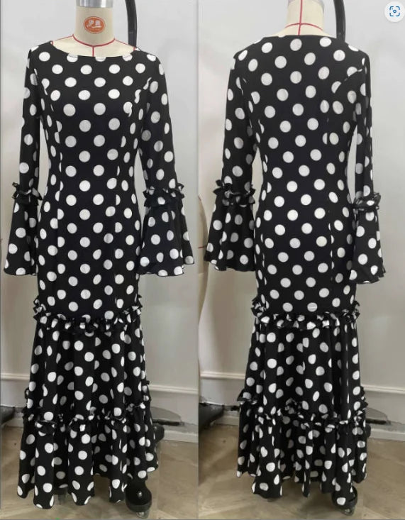 Elegant Ladies Dress Fashionable Trumpet Sleeves Polka Dot Decoration Cascading Ruffle Hem Sexy Fishtail Ladies Evening Dress