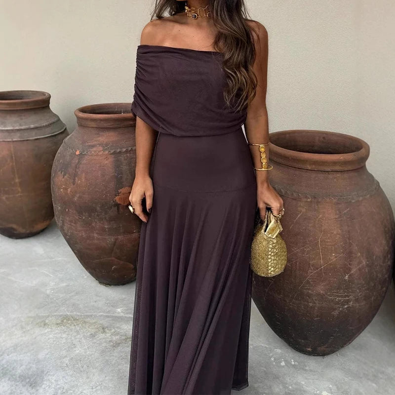 Vintage Solid Color Commuting Dress Fashion Women Off Shoulder Mesh Long Dress Sexy Hollow Out Summer Street Casual Party Dress