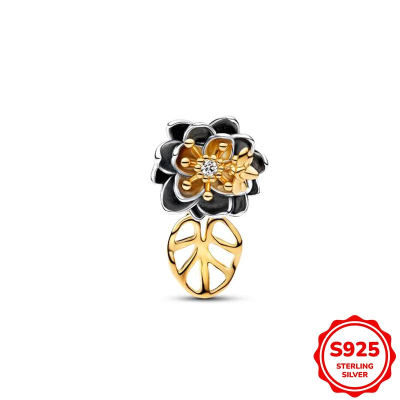 Charms plata de ley Disney Gold Plated Lily Flower Pendant Beads Fits 3mm Bracelets Necklace For Women Luxury DIY Fine Jewelry