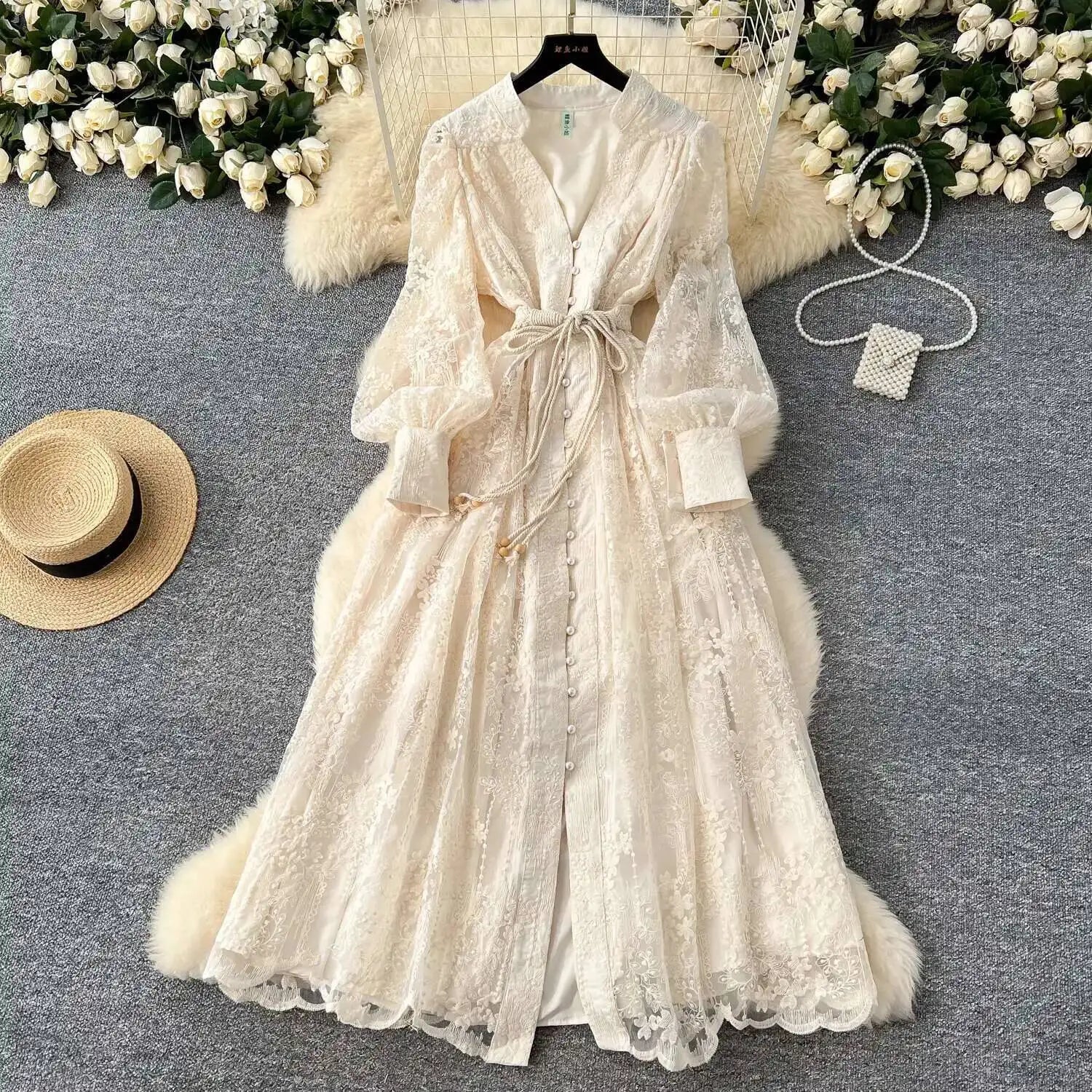 Luxury Embroidery Formal Dresses Women Summer Autumn Lantern Long Sleeve Lace Vestidos Pearl Prom Evening Birthday Dress Party
